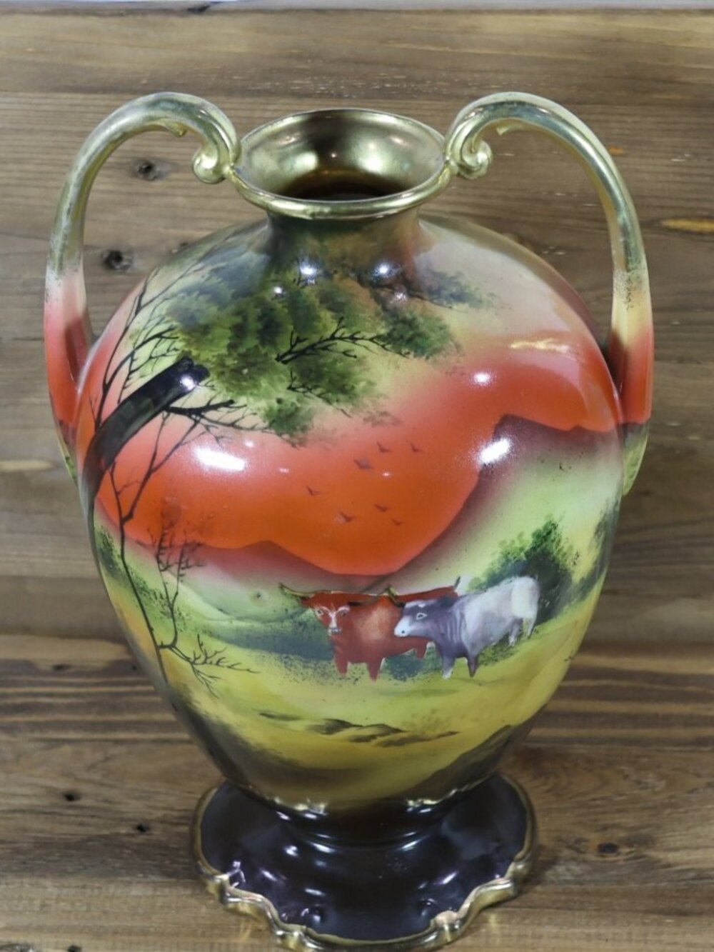 Vintage Hand Painted Nippon Landscape Vase COWS and Gold Trim 10"Tall
